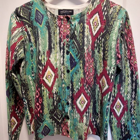 JONES NEW YORK Signature Multi-Colors Graphic Print L/S Button-Down Cardigan PM - Picture 11 of 14